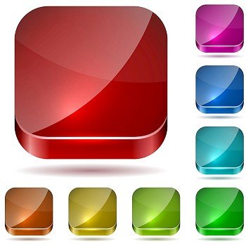 Color rounded square glass buttons vector set isolated on white background.