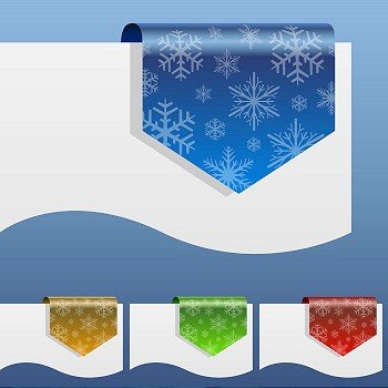 Blank winter discount labels bent around paper edge with snowflake shapes.