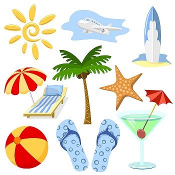Summer and travel symbols vector set in cartoon style. No effects or gradients.