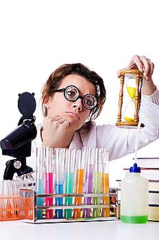 Crazy woman chemist in lab