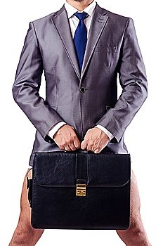 Nude businessman with briefcase on white