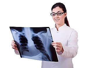 Woman doctor examining x-ray on white