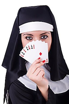 Nun playing cards on white