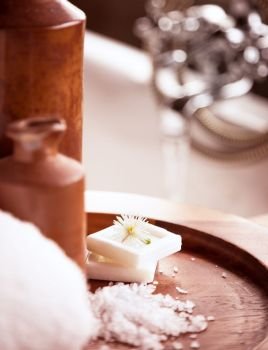 Beautiful spa still life at the bathroom, aromatherapy procedure in the wellness hotel, day spa concept