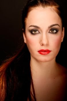 Portrait of attractive girl with red lips. Make up. Perfect skin 