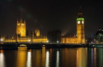 Long exposure of Big Ben, Houses of Parliament, Westminster Bridge, London at Night