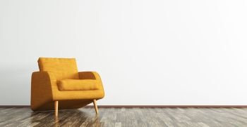 Interior of living room with orange fabric armchair on the brown wooden floor 3d rendering
