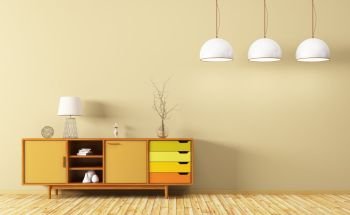 Modern interior of living room with wooden dresser and three lamps 3d rendering