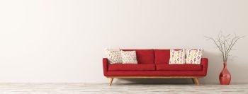 Modern interior of living room with red sofa, white cushions and vase with branch panorama 3d rendering