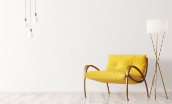 Interior of modern living room with yellow armchair and floor lamp 3d rendering