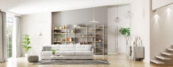 Modern nterior of apartment, living room, hall panorama 3d rendering