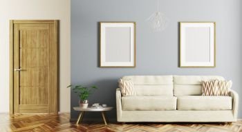 Modern interior design of living room with beige sofa and door 3d rendering