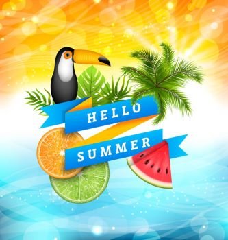 Summer Poster Design with Parrot Toucan, Slices of Watermelon. Summer Poster Design with Parrot Toucan, Slices of Watermelon, Orange and Lime, Palm Tree Leaves. Ribbon Banner Hello Summer - Illustration Vector