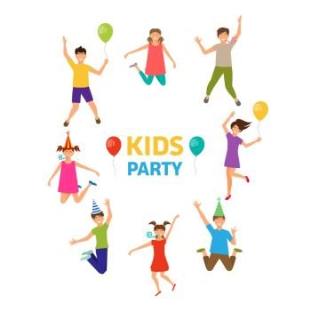 Kids Party, Funny Girls and Boys Jumping. Ghildhood Isolated. Kids Party, Funny Girls and Boys Jumping. Ghildhood Isolated - Illustration Vector
