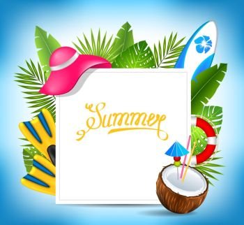 Tropical Exotic Design Card with Beach Accessories, Summer Time Template. Tropical Exotic Design Card with Beach Accessories, Summer Time Template - Illustration Vector