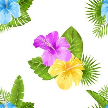 Seamless Floral Pattern with Hibiscus Flowers and exotic Plants. Fashion Textile. Seamless Floral Pattern with Hibiscus Flowers and exotic Plants. Fashion Textile. Beautiful Texture - Illustration Vector