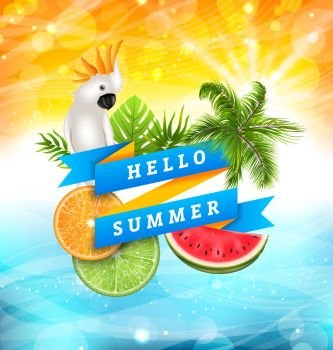 Summer Funny Poster Design with Parrot Cockatoo, Slices of Watermelon. Summer Funny Poster Design with Parrot Cockatoo, Slices of Watermelon, Orange and Lime, Palm Tree Leaves. Ribbon Banner Hello Summer - Illustration Vector