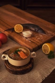 Tasty fish soup - ukha, soup from different fishes and vegetables. fish soup composition