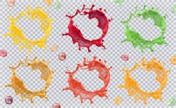 Fruit juice, splashes of paint. 3d vector icon set