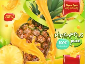 Pineapple juice. Sweet tropical fruits. 3d realistic vector, package design