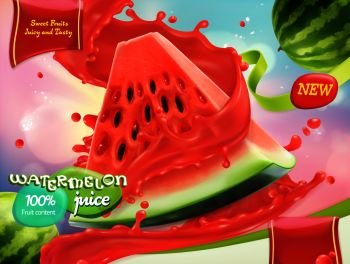 Watermelon juice. Sweet fruits. 3d realistic vector, package design