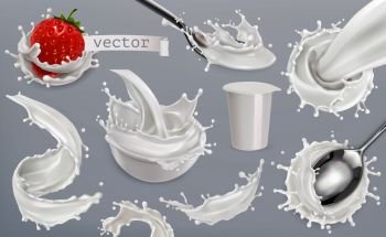 Yogurt, milk splashes. Set 3d vector elements, package design