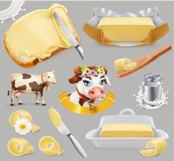 Butter. Milk farm. 3d realistic vector icon set