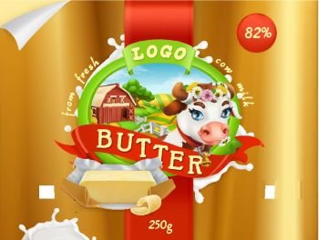 Butter. Milk farm. 3d realistic vector, package design
