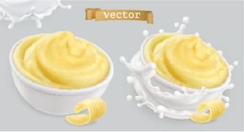 Instant mashed potatoes, with butter and milk. 3d vector icon set