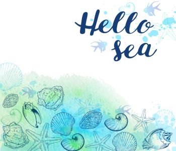 Marine background with hand drawn sea shells and blue watercolor texture. Hello sea lettering.