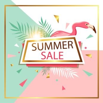 Abstract vector banner for seasonal summer sale with tropical flowers, green leaves and pink flamingo