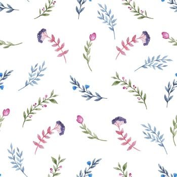 Floral watercolor seamless pattern with green branch and flowers on a white background