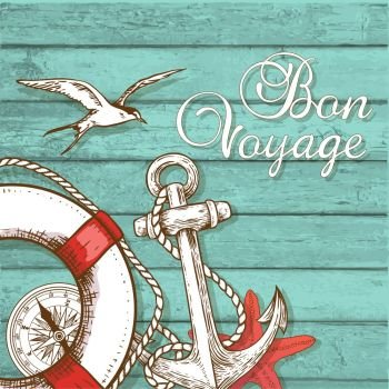 Vintage vector travel background with lifebuoy and anchor on a green wooden surface. Bon voyage lettering.
