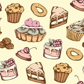 Hand drawn seamless pattern with candies and cakes in vintage style. Vector background with sweets