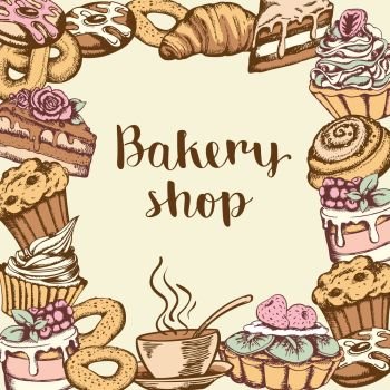 Vintage hand drawn vector background with bakery products and sweet cakes. 