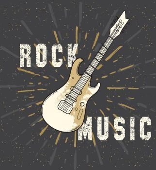 Grunge rock music poster with guitar on a black background. Vector illustration.. Rock music poster