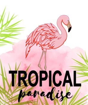 Summer tropical background with green palm leaves and pink flamingo. Hand drawn vector illustration with pink watercolor texture. Tropical background with flamingo