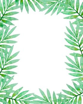 Floral frame with green watercolor palm branch. Hand drawn tropical background. Floral frame with green watercolor branch