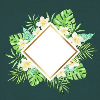 Watercolor tropical floral banner with flowers and palm leaves on a green background. Flowers and palm leaves on a green background