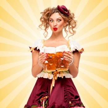 Beautiful surprised sexy Oktoberfest waitress wearing a traditional Bavarian dress dirndl holding two beer mugs on colorful abstract cartoon style background.
