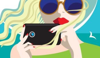 Taking pictures.. Creative conceptual vector. Womans face with a camera.