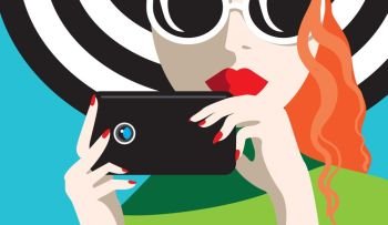 Taking pictures.. Creative conceptual vector. Womans face with a camera.
