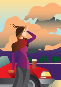 Warm evening.. Creative conceptual vector. Woman standing near the car with a take away coffee.