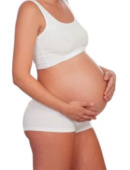 Profile of a woman during of pregnancy isolated on a white background