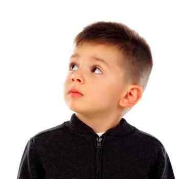 Pensive child with short hair isolated on a white background