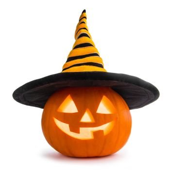 Halloween pumpkin with witches hat. Jack O Lantern Halloween pumpkin with witches hat isolated on white background