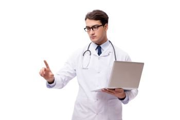 Doctor with laptop isolated on white background