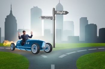 Right and wrong concept with businessman driving car