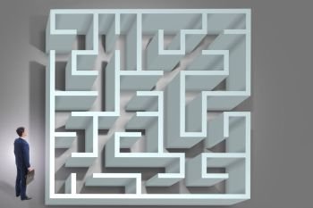 Businessman is trying to escape from maze labyrinth