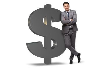 Businessman next to dollar sign isolated on white